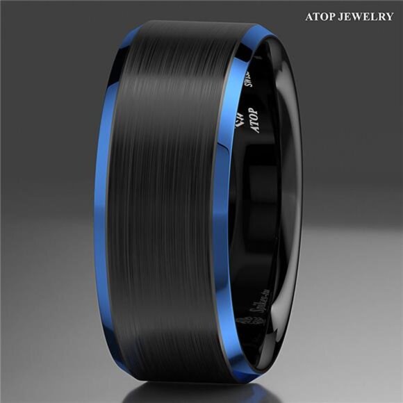 Men's Wedding Band - Black Brushed with Blue Edge - Rings for Men and Women - Picture 6 of 6